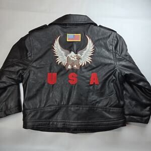 Habitat Outdoor Size7 Black Faux Leather Motorcycle Jacket Full Zip Belted Eagle